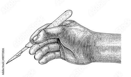 Doctor Hand holding scalpel,Surgical drawing vintage style on white background