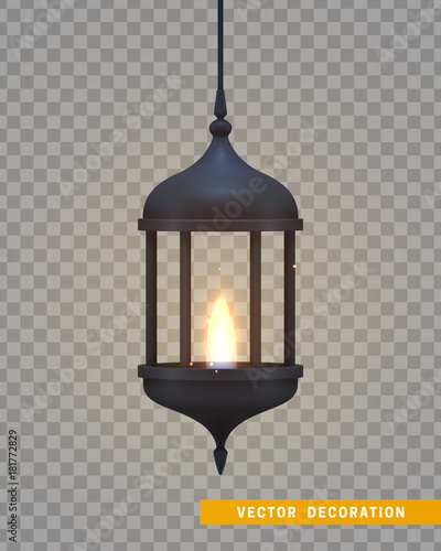 Vintage dark lantern with a burning realistic fire.