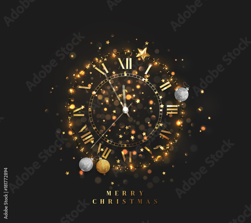New Year shiny gold clock, five minutes to midnight. Merry Christmas. Xmas holiday. Glowing background with bright lights and sparkle bokeh