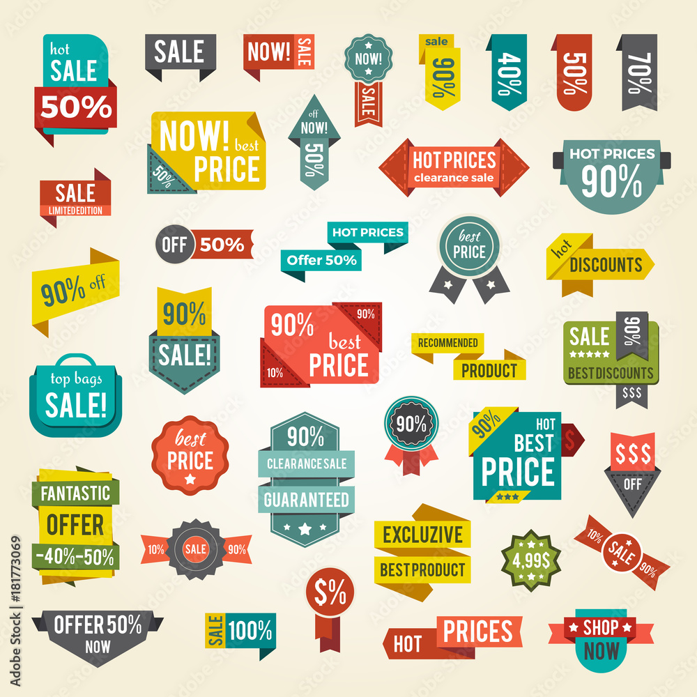 Collection of Colorful Sale Labels with Text