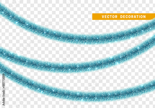 Christmas traditional decorations, blue lush tinsel. Xmas ribbon garland isolated realistic decor element