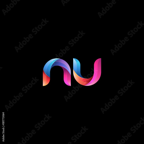 Initial lowercase letter nu, curve rounded logo, gradient vibrant colorful glossy colors on black background
