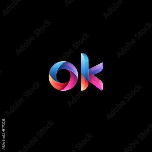 Initial lowercase letter ok, curve rounded logo, gradient vibrant colorful glossy colors on black background