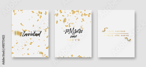 Spanish text Feliz Navidad. Merry Christmas and Happy New Year greeting card. Background flying golden confetti and serpentine