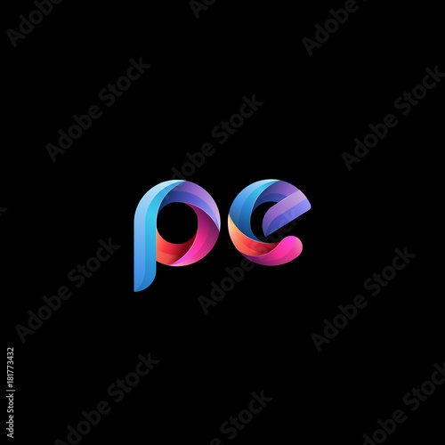 Initial lowercase letter pe, curve rounded logo, gradient vibrant colorful glossy colors on black background