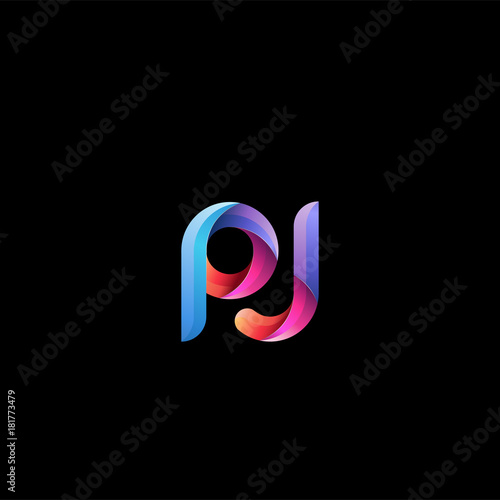 Initial lowercase letter pj, curve rounded logo, gradient vibrant colorful glossy colors on black background
