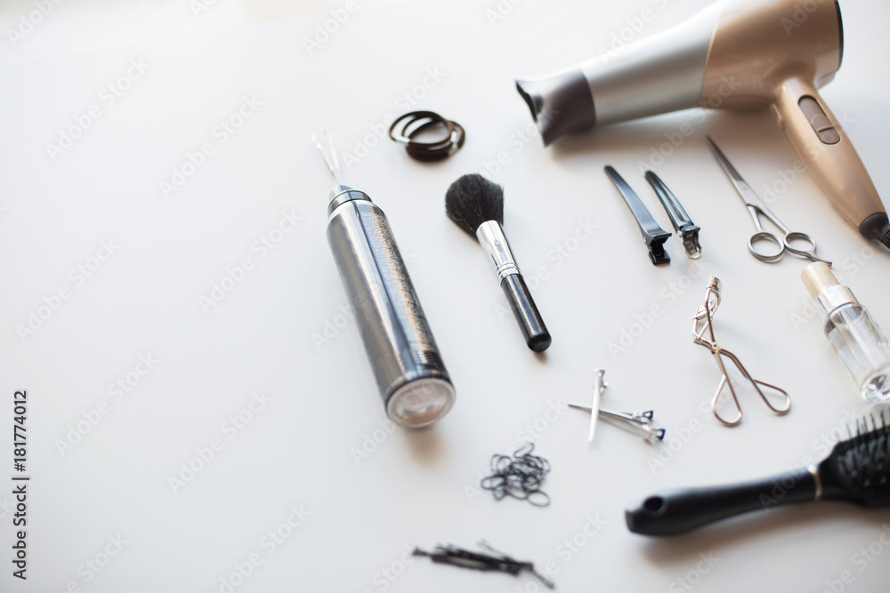 Naklejka premium hairdryer, scissors and other hair styling tools