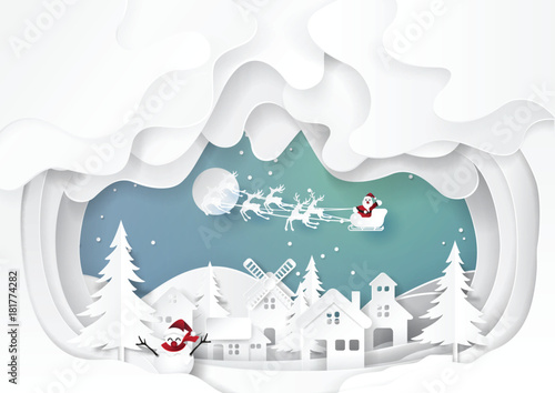 Santa claus with urban countryside on snow and winter season background.For merry christmas and happy new year paper art style.Vector illustration.