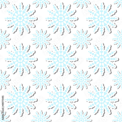 Volumetric snowflakes seamless pattern. New Year's snow endless background, winter repeating texture. Christmas backdrop. Vector illustration