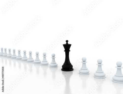 Black chess king and white pond pieces on white background 