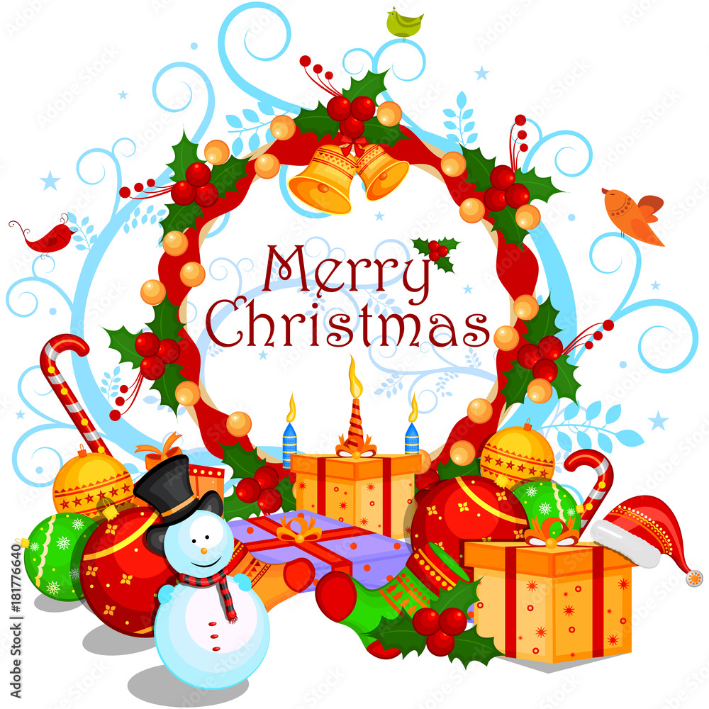 Snowman with gift in winter background for Merry Christmas holiday celebration Snowman with gift in winter background for Merry Christmas holiday celebration