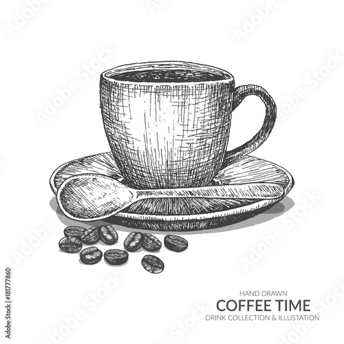 Coffee cup and beans. Coffee break in morning time. Vintage hand drawn black and white drink collection. Isolated vector elements.