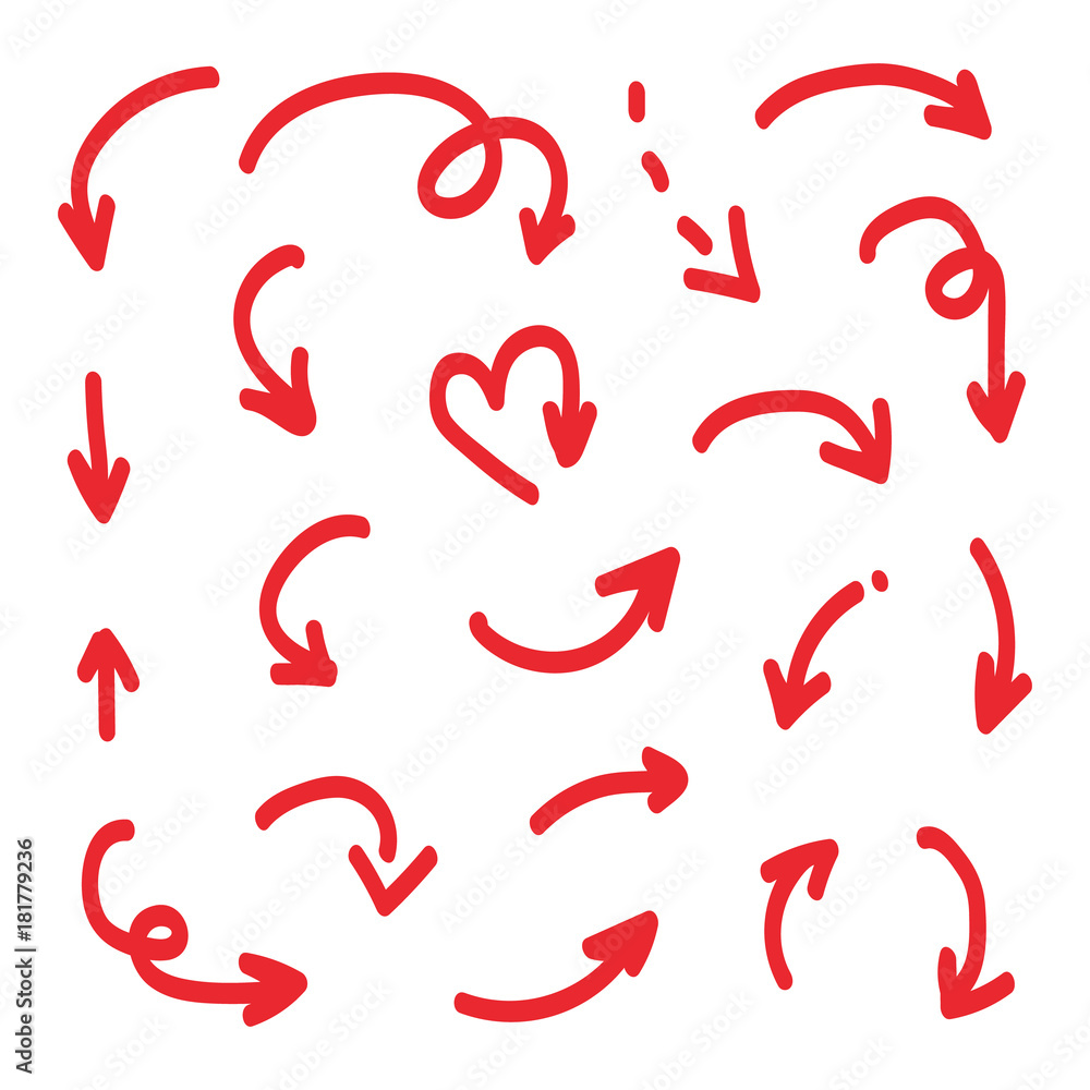 Set, collection of red doodle, hand drawn arrows isolated on white background. Set, collection of red doodle, hand drawn arrows isolated on white background.