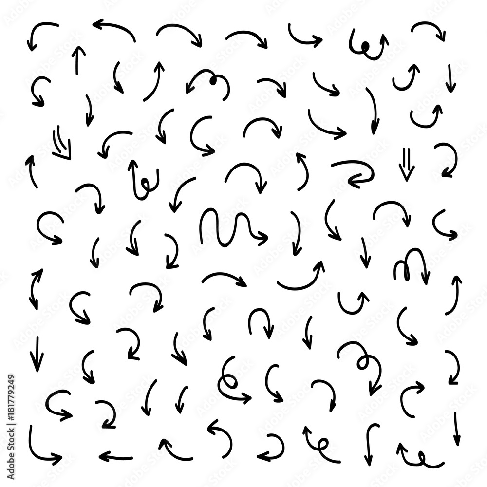 Set, collection of black hand drawn, doodle arrows isolated on white background. Set, collection of black hand drawn, doodle arrows isolated on white background.
