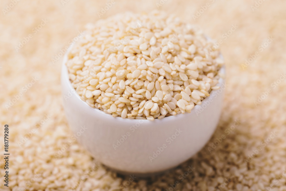 White sesame seeds. Copy space. Horizontal view. White sesame seeds. Copy space. Horizontal view.
