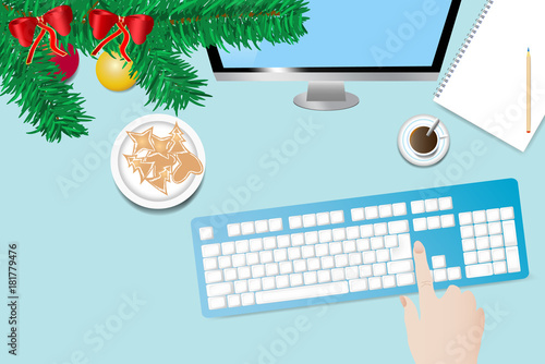 Top view of office desk with  Christmas decoration