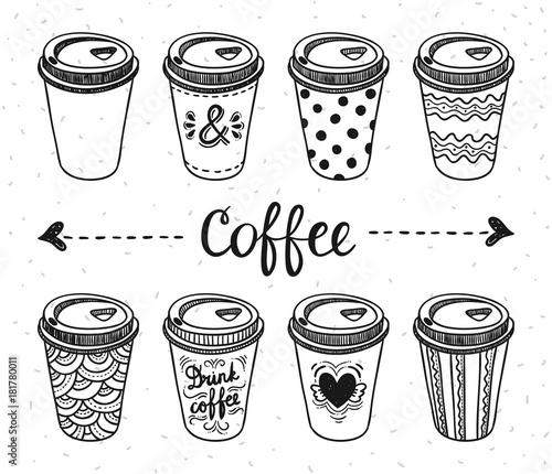 Coffee paper cups take away hand drawn outline illustrations. Coffee to go breakfast cafe elements