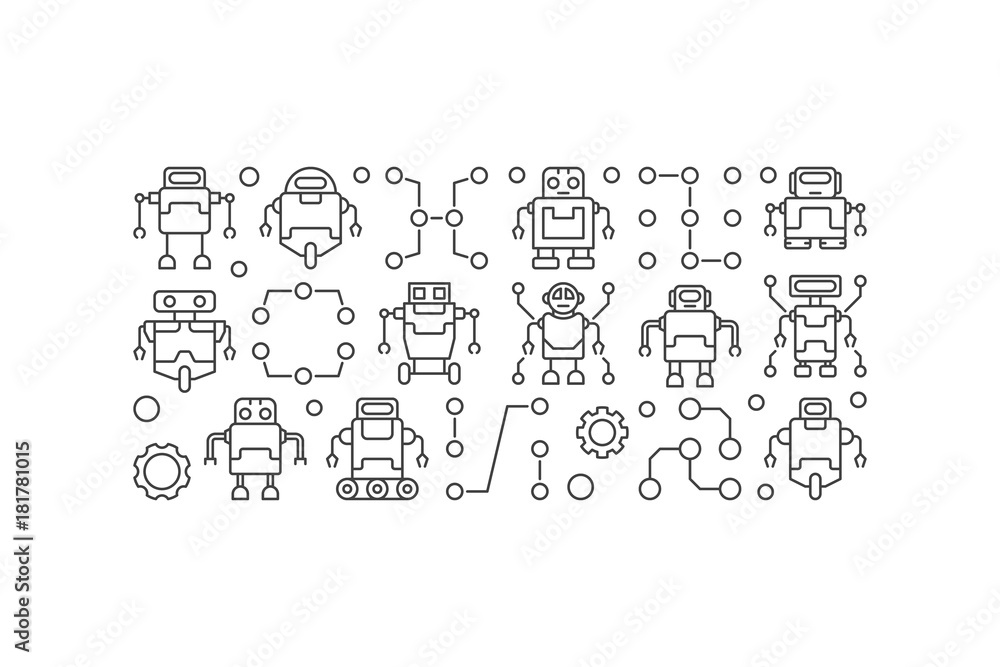 Robots vector horizontal banner or illustration in line style