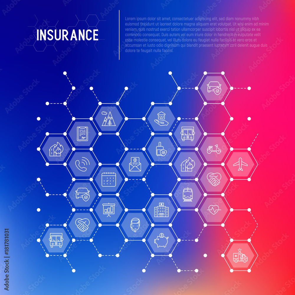 Insurance concept in honeycombs with thin line icons: health, life, car, house, savings. Modern vector illustration for banner, template of web page, print media. Insurance concept in honeycombs with thin line icons: health, life, car, house, savings. Modern vector illustration for banner, template of web page, print media.