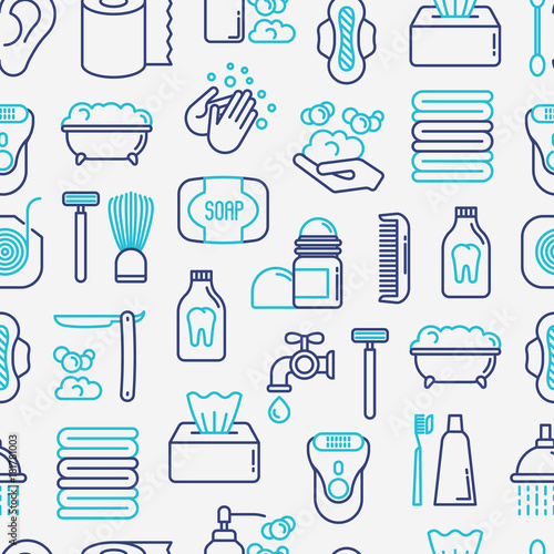Hygiene concept seamless pattern with thin line icons: hand soap, shower, bathtub, toothpaste, razor, shaving brush, sanitary napkin, comb, ball deodorant, mouth rinse. Vector illustration.