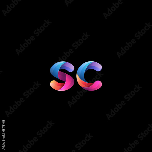 Initial lowercase letter sc, curve rounded logo, gradient vibrant colorful glossy colors on black background