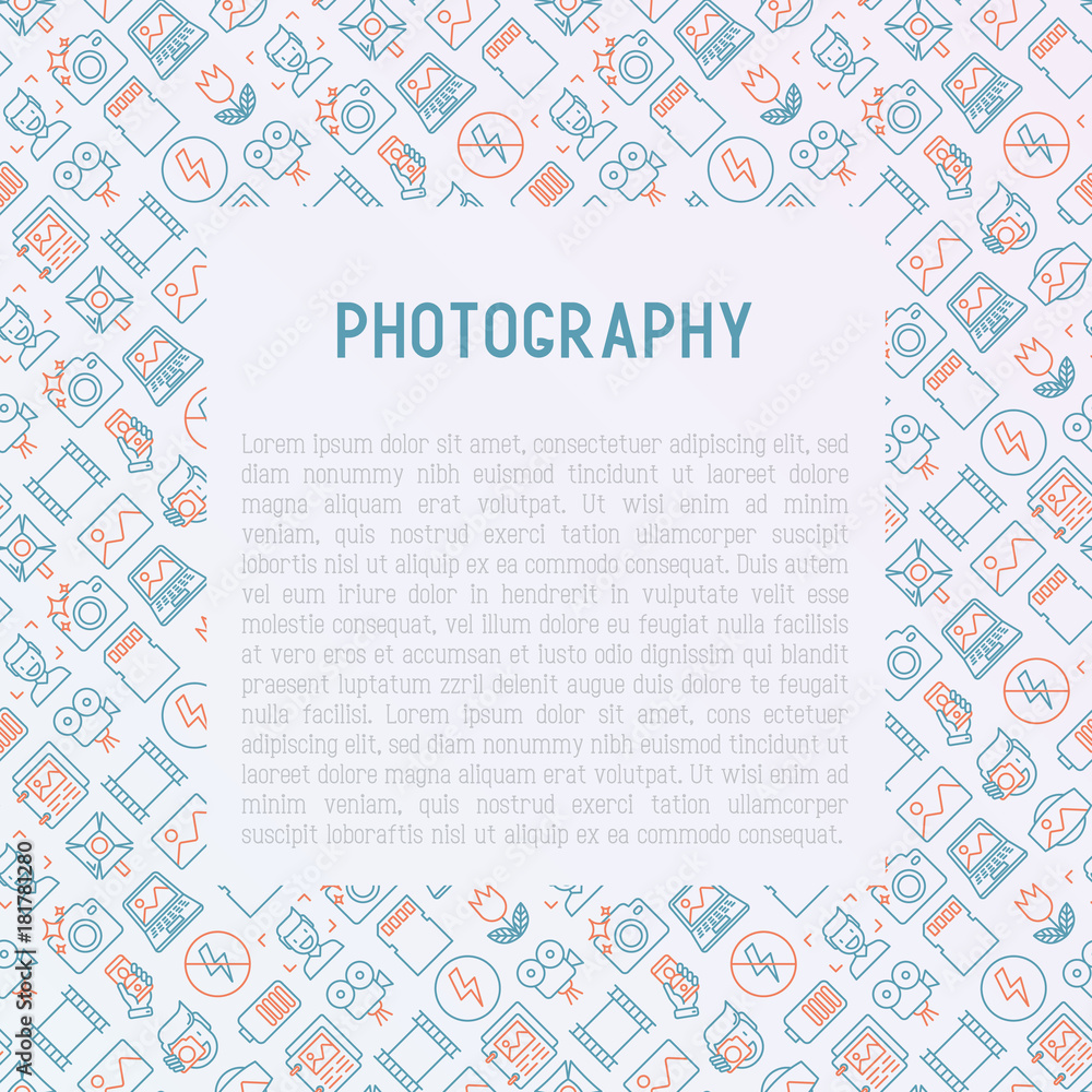 Photography concept with thin line icons of photographer, film, crop, flash, focus, light, panorama. Vector illustration for banner, web page, print media.