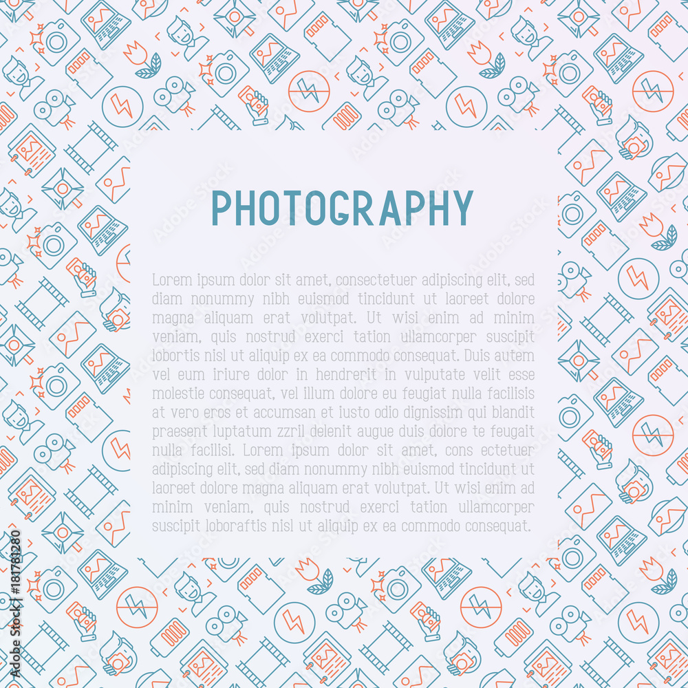 Photography concept with thin line icons of photographer, film, crop, flash, focus, light, panorama. Vector illustration for banner, web page, print media. Photography concept with thin line icons of photographer, film, crop, flash, focus, light, panorama. Vector illustration for banner, web page, print media.