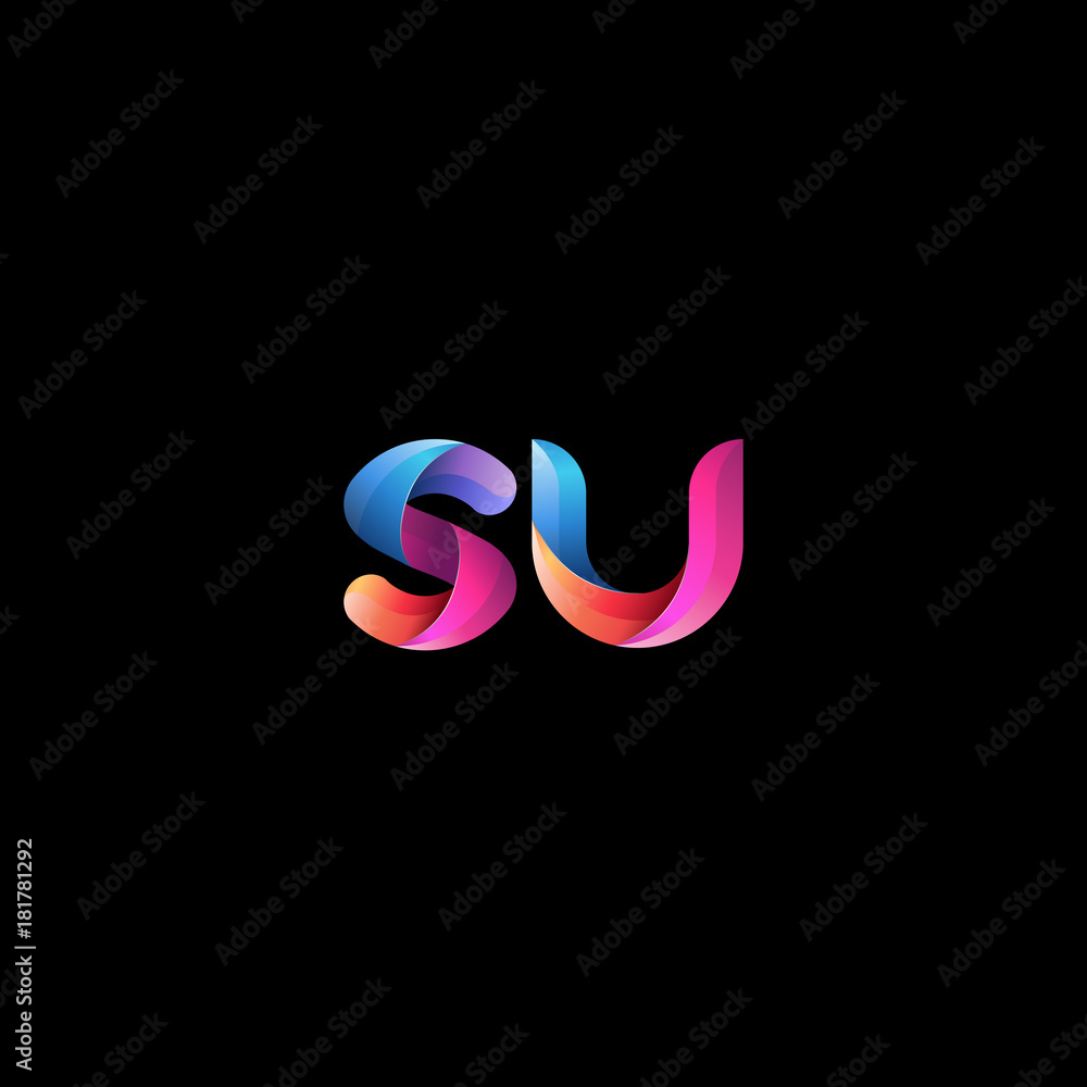 Initial lowercase letter su, curve rounded logo, gradient vibrant colorful glossy colors on black background