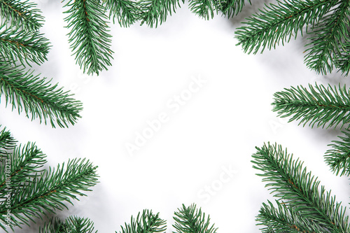 Christmas fir tree frame on white background. Free space