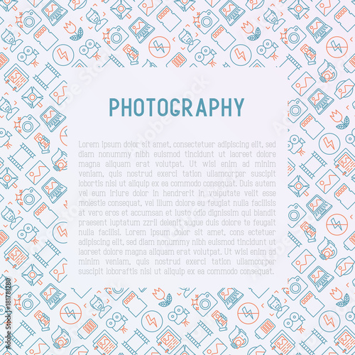 Photography concept with thin line icons of photographer, film, crop, flash, focus, light, panorama. Vector illustration for banner, web page, print media.