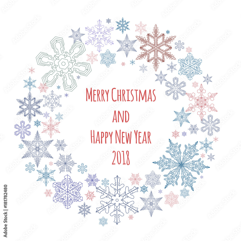 Invitation for a Christmas holiday. Greeting card with a happy new year and Christmas. Christmas wreath of snowflakes.