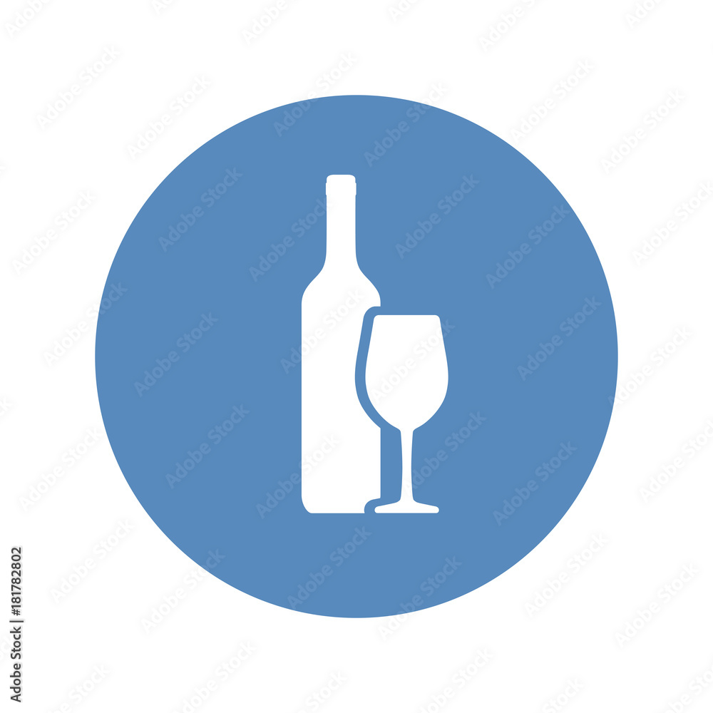 Wine bottle and wineglass vector icon placed in blue circle Wine bottle and wineglass vector icon placed in blue circle