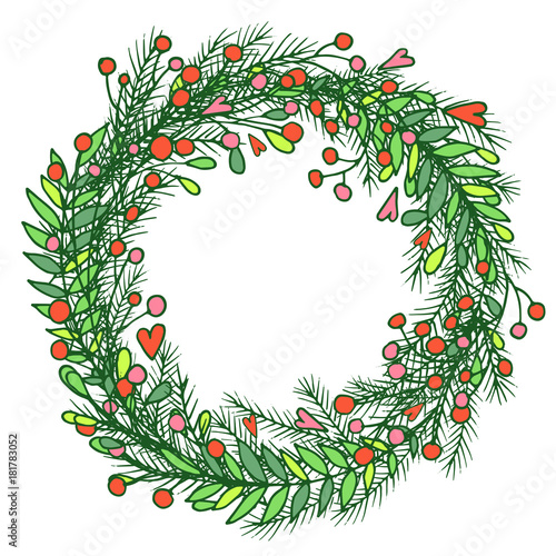 Vector Christmas wreath with pine branches, leaves, berries and hearts