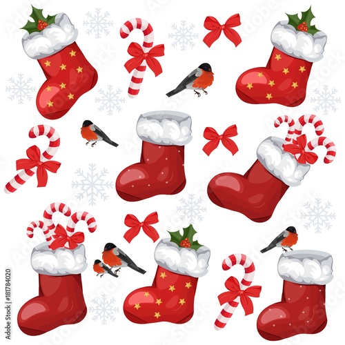 Holiday pattern with Christmas socks and candies Vector realistic