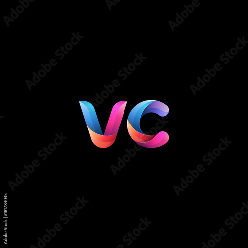 Initial lowercase letter vc, curve rounded logo, gradient vibrant colorful glossy colors on black background