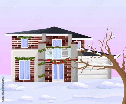 Modern House in the winter, facade architecture vector