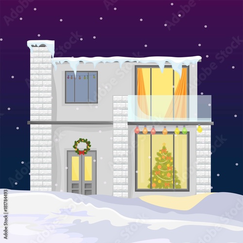 Modern House during Winter Holidays. Christmas tree and snowing backgrounds v...