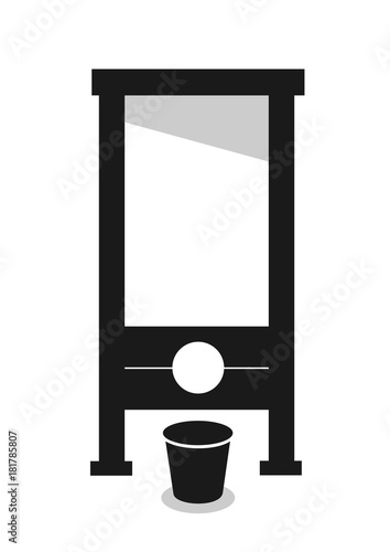 Guillotine - archaic and historical equipment for captial punishment and death penalty. Accused criminal is beheaded by blade. Vector illustration