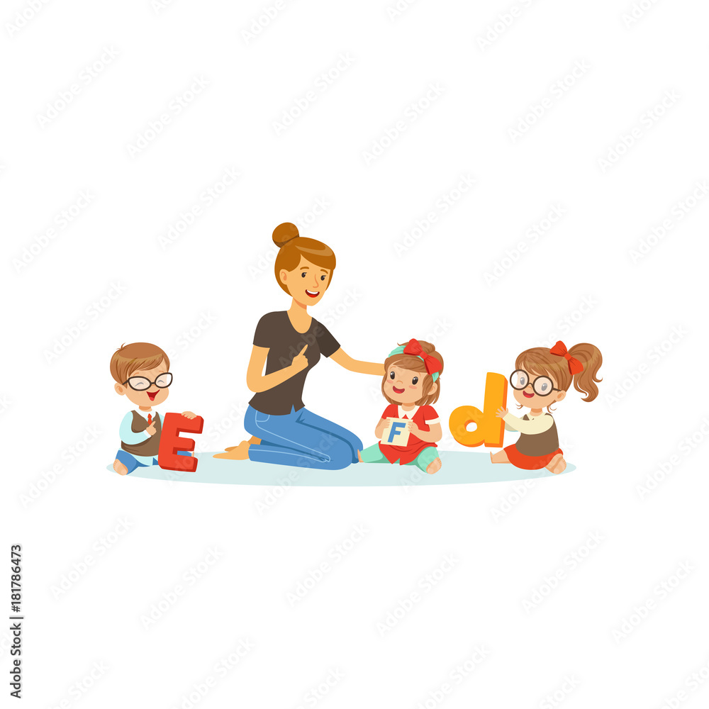 Group of preschool kids and teacher sit on carpet and learn letters. Speech and language therapist job. Vector flat design Group of preschool kids and teacher sit on carpet and learn letters. Speech and language therapist job. Vector flat design