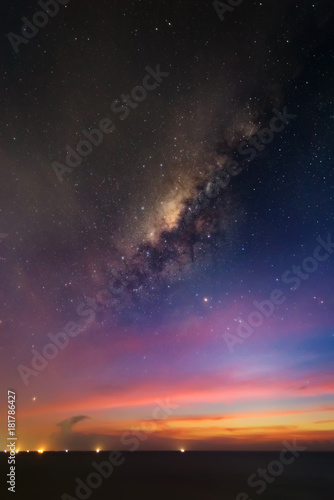 Astro photography milky way galaxy at dusk over sea after sunset. Night space landscape