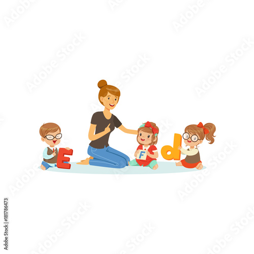 Group of preschool kids and teacher sit on carpet and learn letters. Speech and language therapist job. Vector flat design