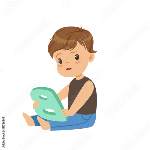 Sad little boy sitting on the floor and trying correctly pronounce letter B. Speech therapy exercise or educational game concept. Flat kid character