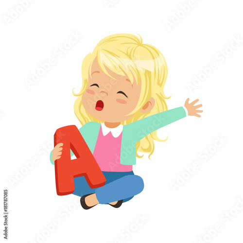 Little blonde girl sitting with crossed legs and holding toy letter A in hand. Educational game for development of speech, therapy exercise. Flat vector design
