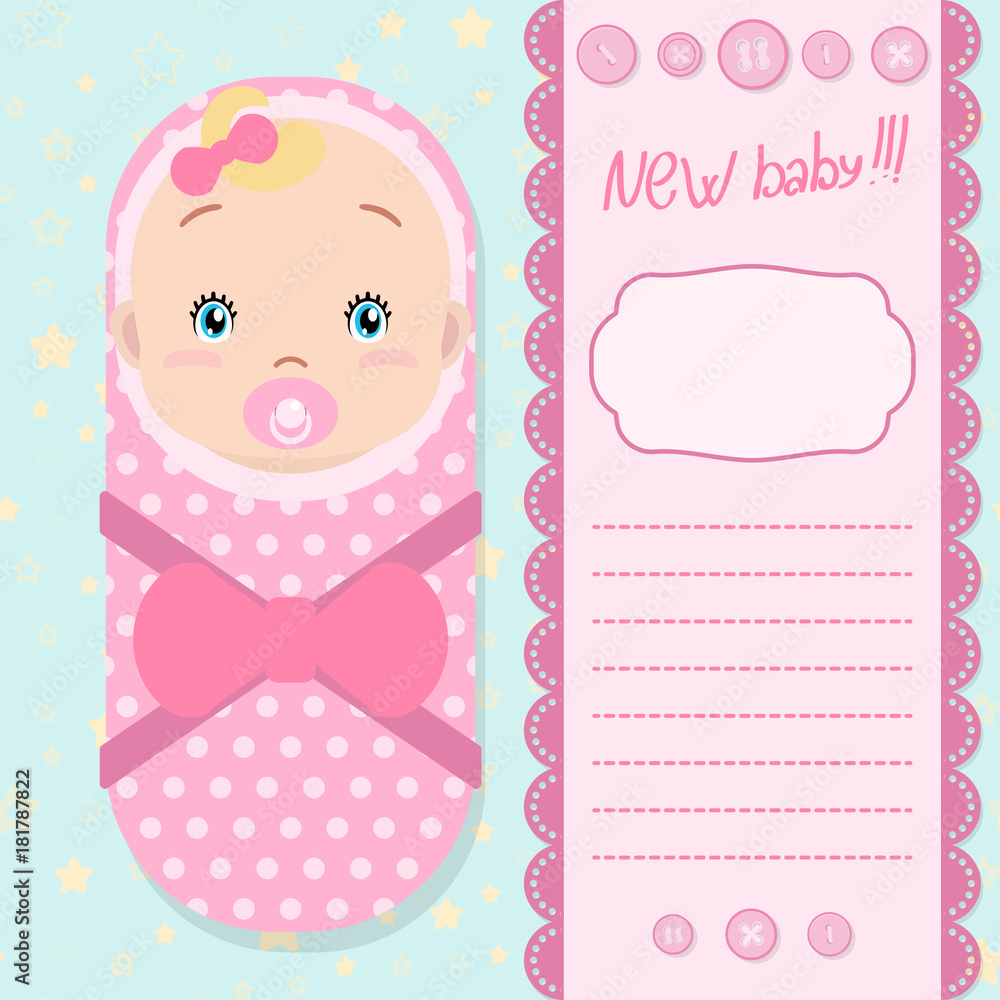 Invitation background with a cute baby, lettering, decorative scrapbook elements and space for text. Invitation background with a cute baby, lettering, decorative scrapbook elements and space for text.