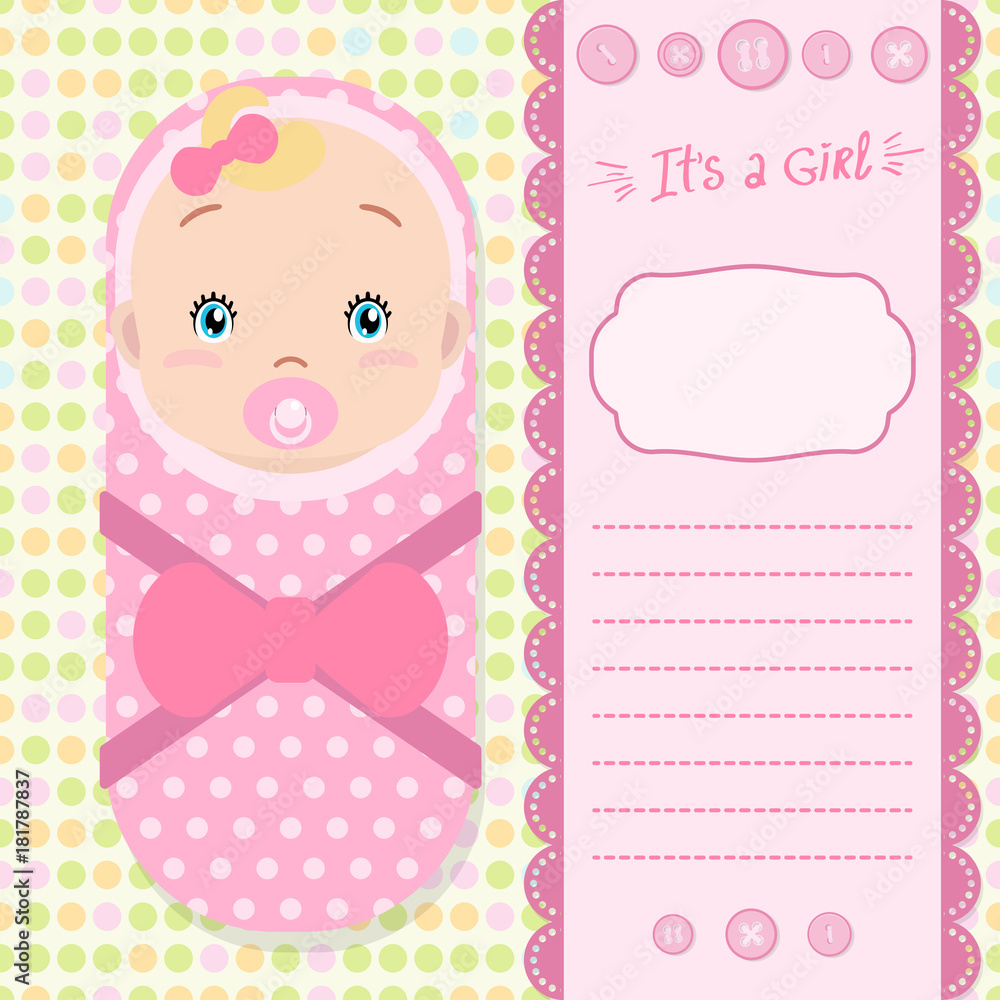 Invitation background with a cute baby, lettering, decorative scrapbook elements and space for text. Invitation background with a cute baby, lettering, decorative scrapbook elements and space for text.