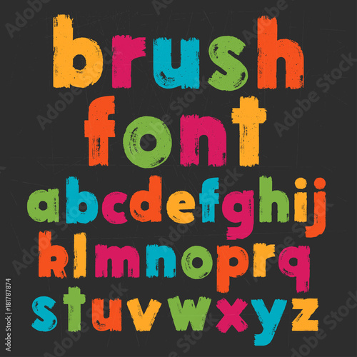 Color lowercase handwritten vector alphabet on black background. Drawn by semi-dry brush with unpainted areas.