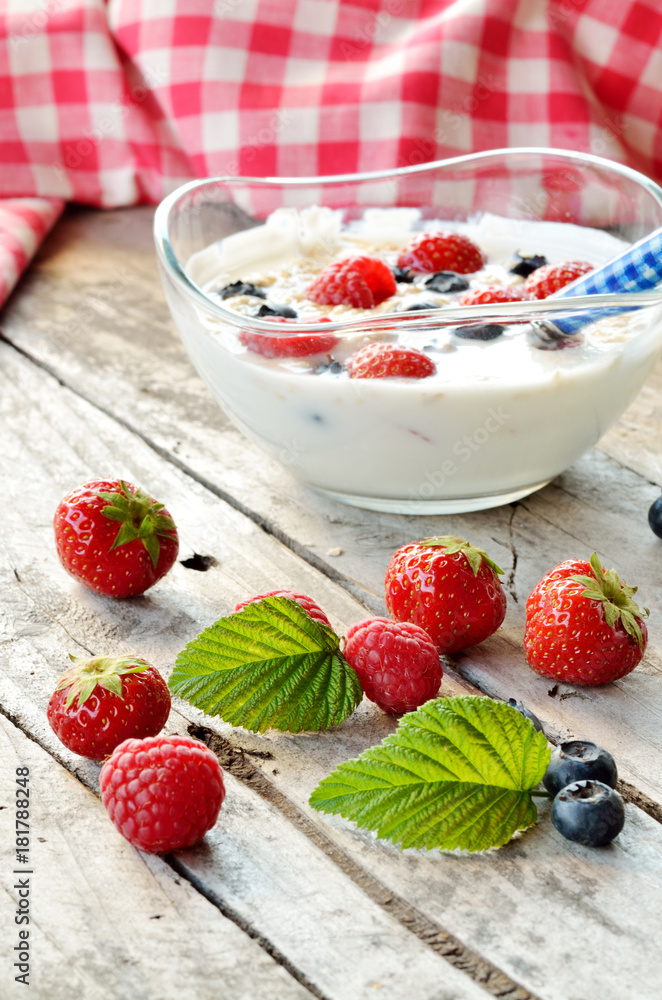 White yogurt in a bowl with oatmeal, blueberries, raspberries and strawberries