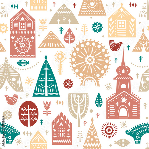 Vector seamless pattern in Scandinavian style. Winter cozy city theme in pastel colors.