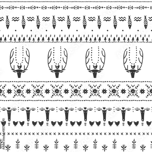 Vector seamless nordic pattern of stylized animals, plants and geometric shapes. Black on white.