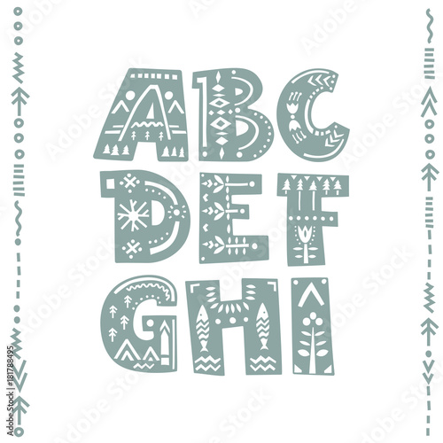 Vector set of bold letters decorated with nordic folk ornaments. Letters A, B, C, D, E, F, G, H, I.  Display font.